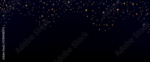 Twinkle glitter simple background. Shimmer spray effect for holiday celebration banners. Shiny stardust light powder texture. Festive particles border isolated on dark background. Vector illustration.