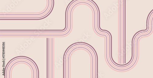 Groovy rainbow purple lines background. Wavy stripes vintage colors cover. Playful squiggle wave arch wall design. Vector retro beige wiggle ornament.