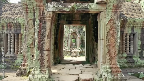 Ancient stone temple interior, weathered and carved, showcasing architectural depth