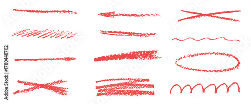 Red color underline crayon set. Pencil brushstroke strikethrough lines. Hand drawn textured emphasis freehand, streak elements. Chalk arrow, scribble highlights. Vector crayon text marks.