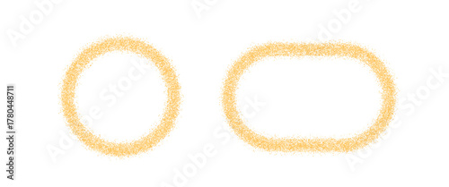 Yellow glitter ellipse and circle frames set. Stardust Christmas confetti borders. Golden glitter thin oval and round text boxes. Party shimmering geometric callouts. Vector illustration.