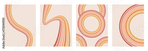 Groovy rainbow lines and circles background. Wavy stripes vintage colors covers. Playful wave arch wall designs. Vector retro beige wiggle decoration ornament. Horizontal yellow noise cover.