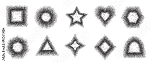 Dust power frames set. Dot work black ink gradient simple geometric border shapes set. Grainy noise textured y2k elements. Square, blinks, star with arch and circle vector text boxes forms.