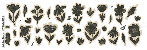 Handmade flowers paper stickers with black pen texture. Coneflowers, daisy cutouts set. Paper collage kids camomile, leaves and bellflowers. Scrapbook naive stickers floral shapes. Naive diy doodles.