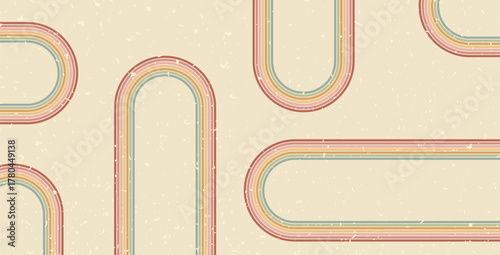 Groovy rainbow curved lines background. Wavy arch stripes vintage colors cover. Playful squiggle wave arc wall design. Vector retro beige wiggle ornament. Wide banner with door old fashion decor.