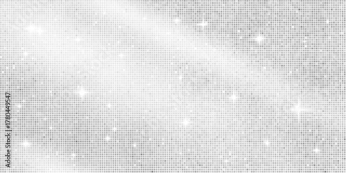 Disco ball silver mosaic background mirror glitter texture. Shiny white tones sequin pattern. Festive winter fashion folded fabric decoration. Glam grey sparkle Christmas wall. Vector illustration.