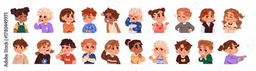 Set of kids with different emotions. Portraits of cute children with happy, sad, angry and scared faces. Divers babies smile, cry and shy. Flat isolated vector illustrations on white background