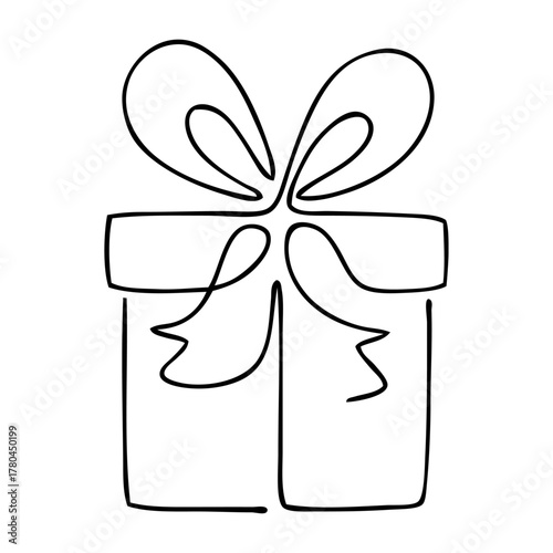 Logo con dibujo de línea continua de caja de regalo con lazo de cinta para tarjetas y felicitaciones de cumpleaños o Navidad 