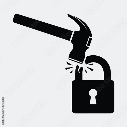 Silhouette Hammer breaking lock data security breach Vector illustration