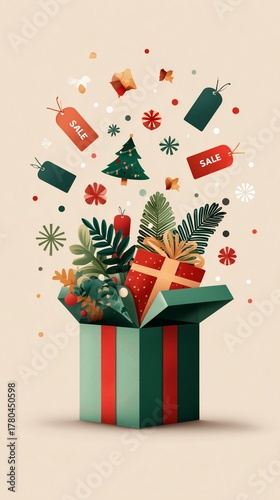 Christmas unboxing with Christmas Unboxing Experience flat  illustration of gift box opening with tags and christmas icons, playful Christmas Unboxing Experience composition  colorful Christmas icons