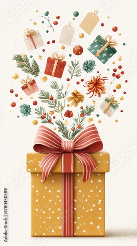 Christmas unboxing with Christmas Unboxing Experience flat  illustration of gift box opening with tags and christmas icons, playful Christmas Unboxing Experience composition  colorful Christmas icons