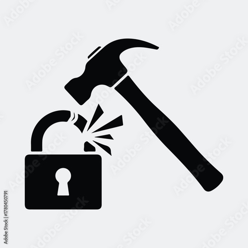 Silhouette hammer breaking padlock depicting security breach Vector illustration