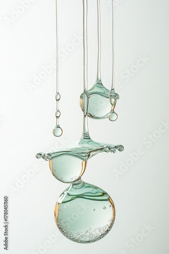 Liquid droplets suspended and colliding, forming unique shapes and patterns, against a clean backdrop, embodying fluid dynamics and abstract beauty.