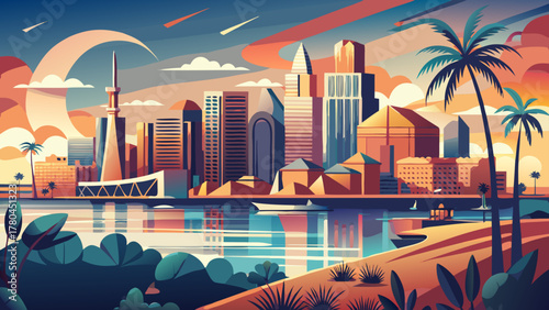 Very beautiful San Diego travel poster in cinematic minimal vector style, featuring simplified skyline with coastal beaches, modern buildings, and warm sunset tones with clean geometric shapes creatin