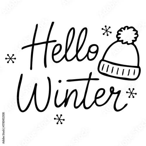Tiempo de Navidad. Logo texto manuscrito Hello Winter con gorro de lana y copos de nieve para tarjetas y felicitaciones