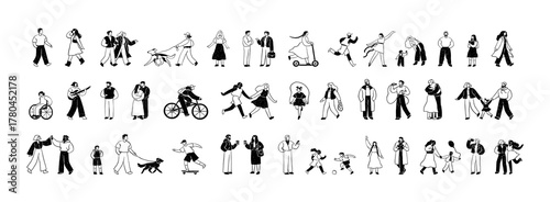 Set of outline tiny people. Couples hug, friends hold hands, have fun, kids play, characters stroll dogs. Men and women stand and walk. Flat isolated line art vector illustrations on white background