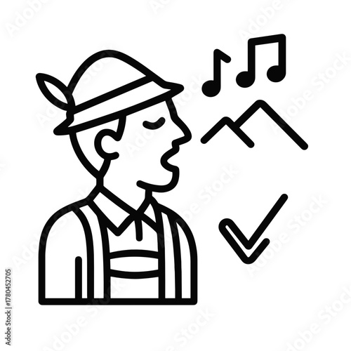 Line art icon of man in traditional Alpine costume performing yodeling, cultural singing tradition concept
