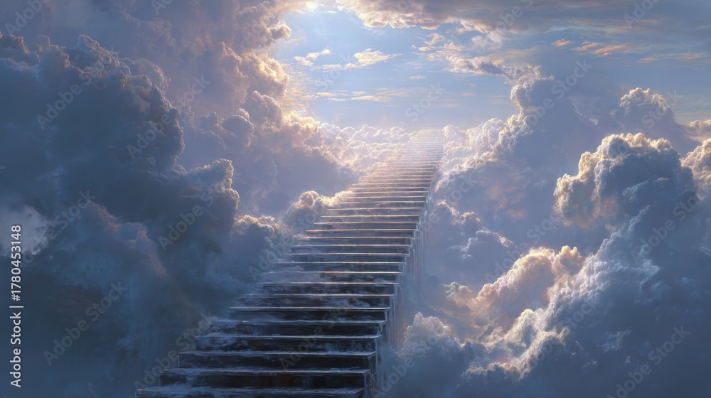 Obraz premium Ethereal staircase leading into bright clouds under a serene sky at dawn