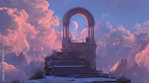 Stairway to a celestial arch under a pastel sky filled with soft clouds and a distant moon in a surreal landscape