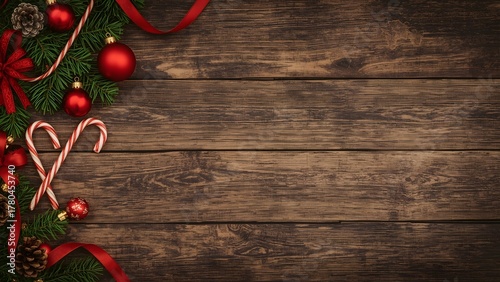 High-quality Christmas flat lay with ornaments, candy canes, pine cones, and ribbons on the left, blank space on the right for text. Rustic wooden background, warm light, cozy festive mood.