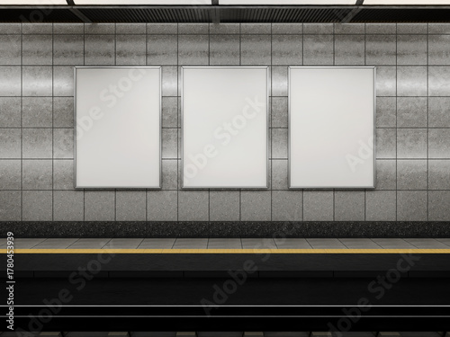 Three Blank White Subway Posters Mockup 3D Rendering On Station Wall