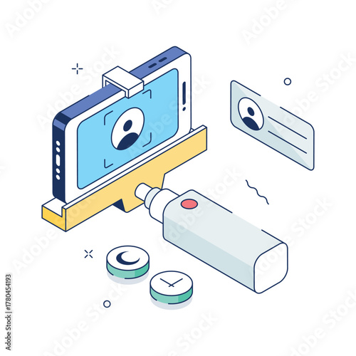 Isometric illustration of a selfie setup with smartphone and accessories