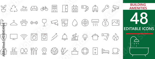 A sleek icon collection showcasing key building amenities for modern properties. Perfect for real estate listings, apartment designs, and commercial property visuals.