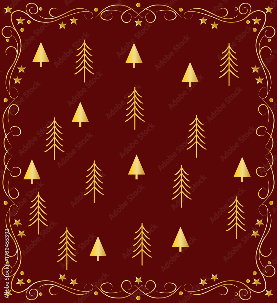 Obraz premium Patrón navideño dorado con árbol de navidad en fondo rojo con marco elegante
