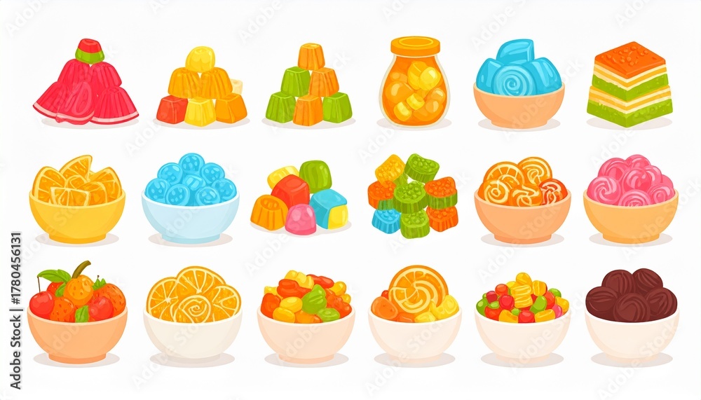 Fototapeta premium Cartoon gummy set. Jelly candy, fruity delicious chewy sweets with various flavors