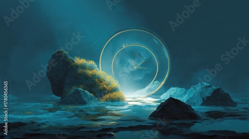 Surreal landscape with shimmering portal beside rocky formations at twilight