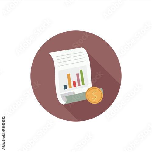 Flat design illustration of a financial report or receipt with bar chart and dollar coin, symbolizing accounting, finance, business analysis, and economic data.