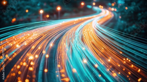 Fiber optic curves glowing orange blue light streams dynamic motion trails abstract technology network communication concept bokeh background elements