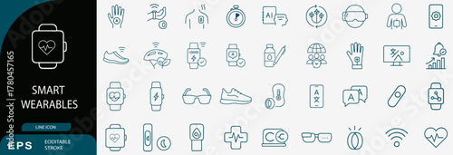 Smart Wearables and Digital Fitness Monitoring Technology Line Icon Set