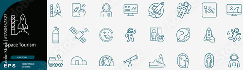Future Space Tourism and Commercial Travel Technology Line Icon Set