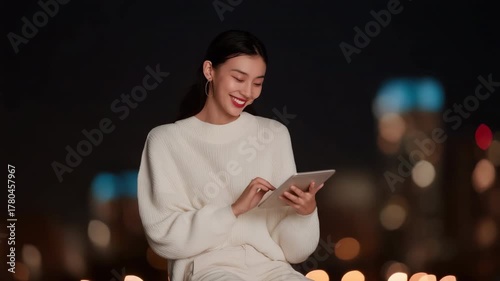 A woman is sitting on a ledge and looking at a tablet. She is wearing a white sweater and red lipstick. The image has a moody and contemplative feel