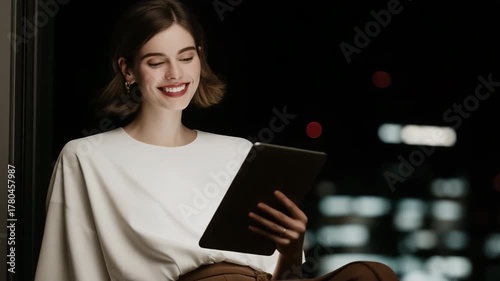 A woman is sitting on a chair and reading a tablet. She is wearing a white shirt and brown pants. Concept of relaxation and leisure as the woman enjoys her tablet