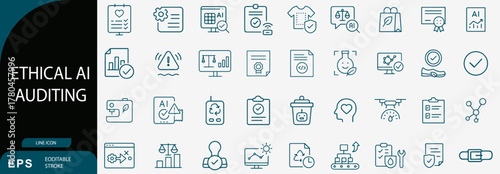 Ethical AI Auditing and Responsible Artificial Intelligence Technology Line Icon Set