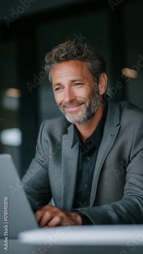 A man in a suit is sitting at a desk with a laptop in front of him. He is smiling and he is enjoying his work