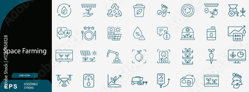 Future Space Farming and Extraterrestrial Agriculture Technology Line Icon Set