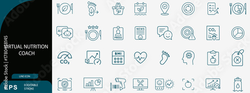 Virtual Nutrition Coach and Digital Diet Planning Program Line Icon Set