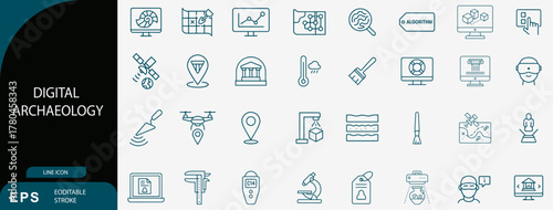 Digital Archaeology and Historical Site Mapping Technology Line Icon Set
