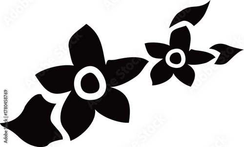 2つの満開の花と葉のシルエット白黒ベクターイラスト