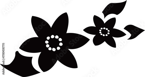 2つの満開の花と葉のシルエット白黒ベクターイラスト
