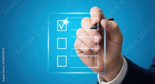 Une main avec un stylet numérique coche une case dans une liste holographique, to-do list, technologies modernes dans le business