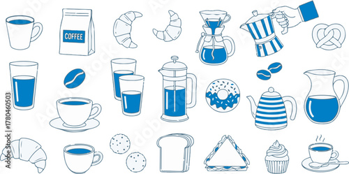 Hand Drawn Blue Vector Icon Set of Coffee, Breakfast, and Bakery Elements