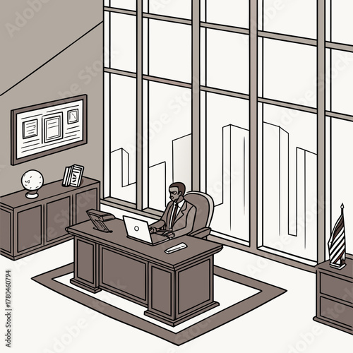 Businessman working in a modern office with city views