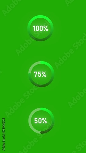 Animated progress circle filling to 100%  or 75%  or 50%on a green screen background, perfect for showcasing completion status or loading 
