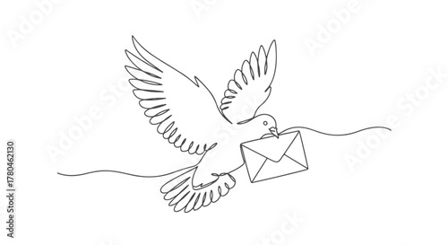 A single continuous one line drawing of a flying pigeon carrying a mail envelope, minimalist art concept