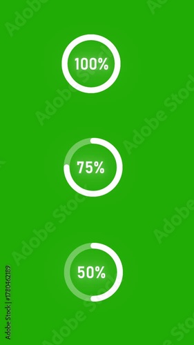 
animated progress, progress bar, loading bar, progress circle, percentage animation, loading animation, green screen, chroma key, 100 percent, 75 percent, 50 percent, completion status, data loading,