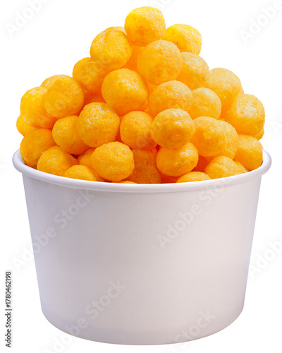 Cheese ball in paper bucket isolated on white background, Cheese ball or cheesy puffs PNG File. 